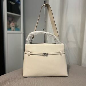 Cream Shoulder Bag with Silver Hardware and Top Handle